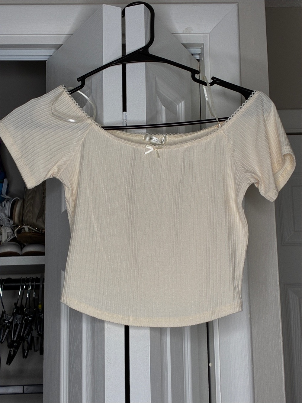 Bozzolo Cream Ribbed Square Neck Crop Top